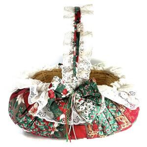 Vintage Handmade Quilted Christmas Basket Cotton & Lace 8x12x12”